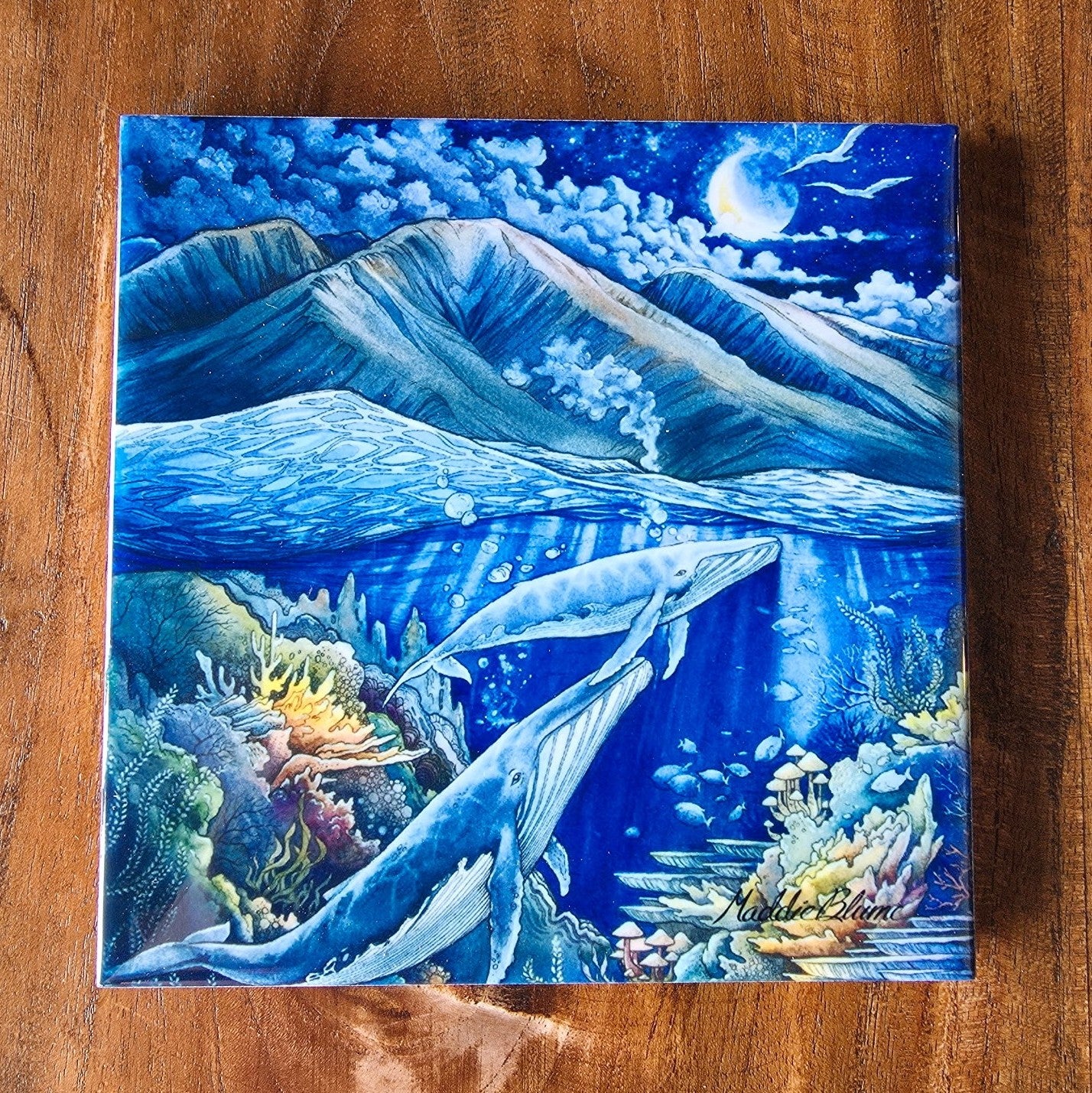 "Whales Playing in the Maui Moonlight" Tile Print