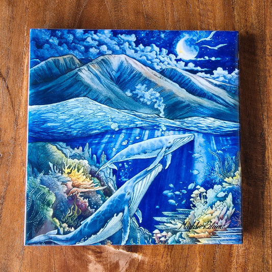 "Whales Playing in the Maui Moonlight" Tile Print