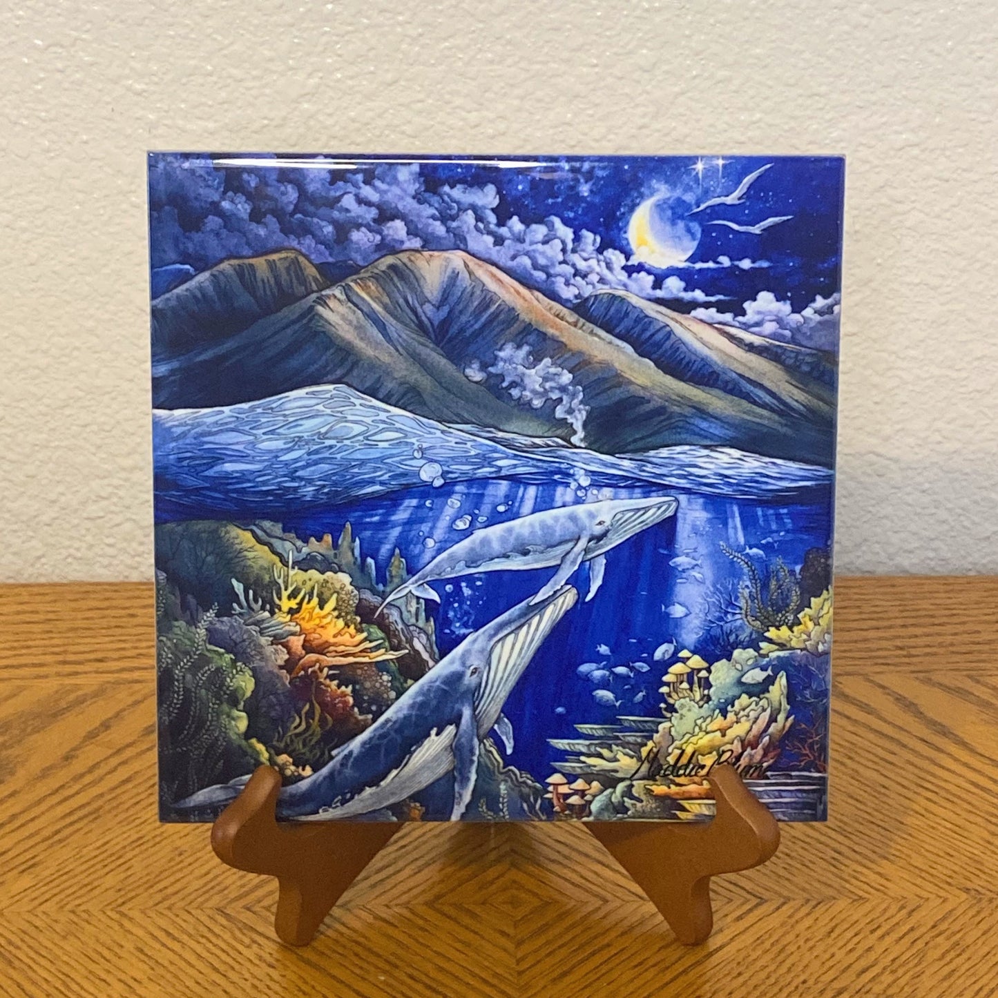 "Whales Playing in the Maui Moonlight" Tile Print
