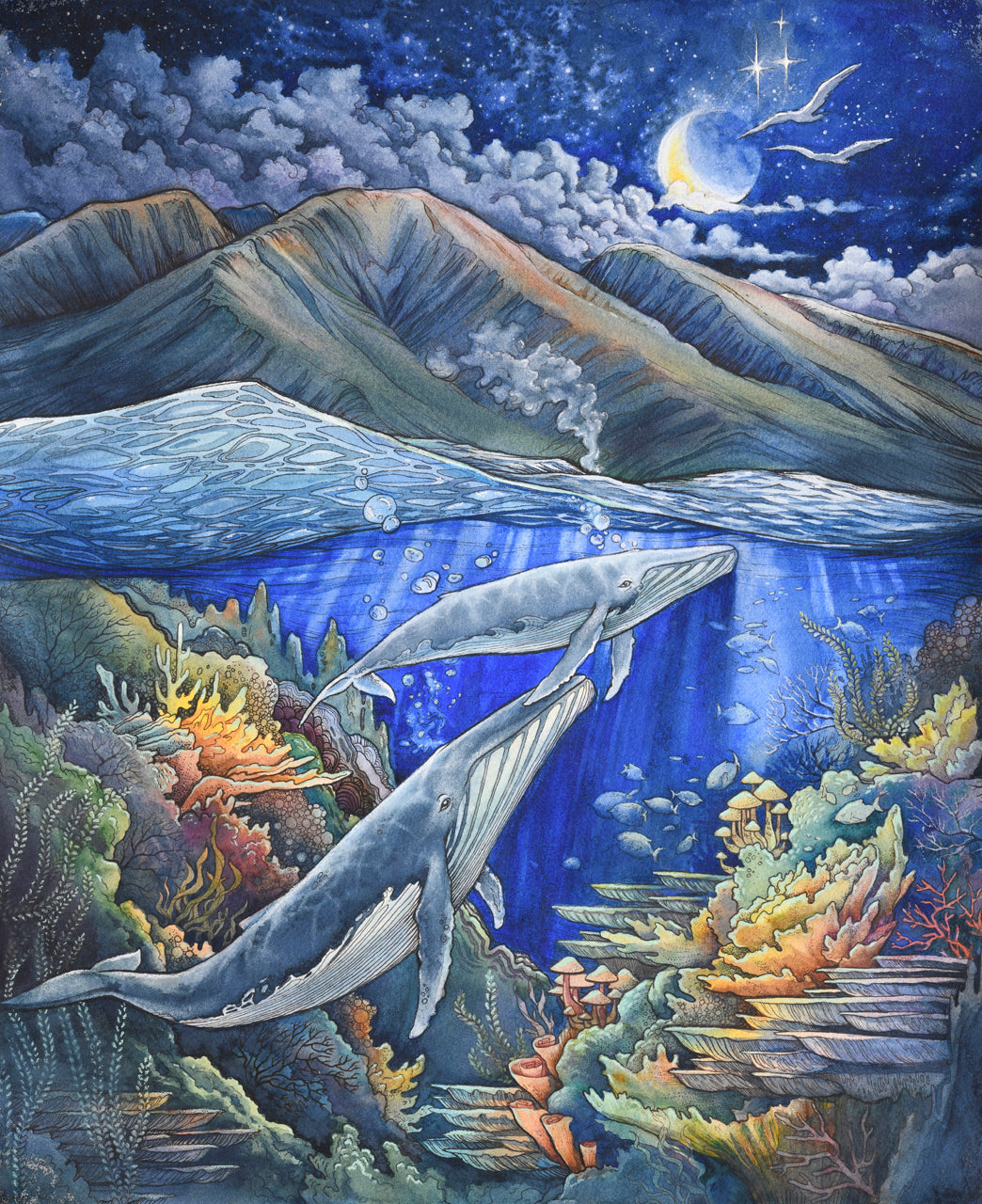 "Whales Playing in the Maui Moonlight" Giclee Print